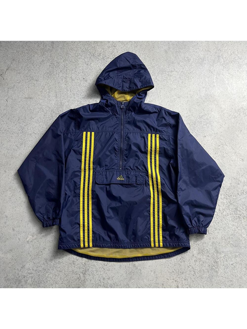 Vintage 90s Adidas Windbreaker Striped Hooded Jacket Sz. L Navy Yellow Half Zip